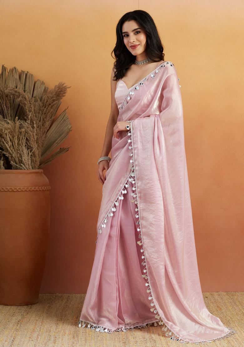 Light Pink Printed Organza Saree Set - Indya