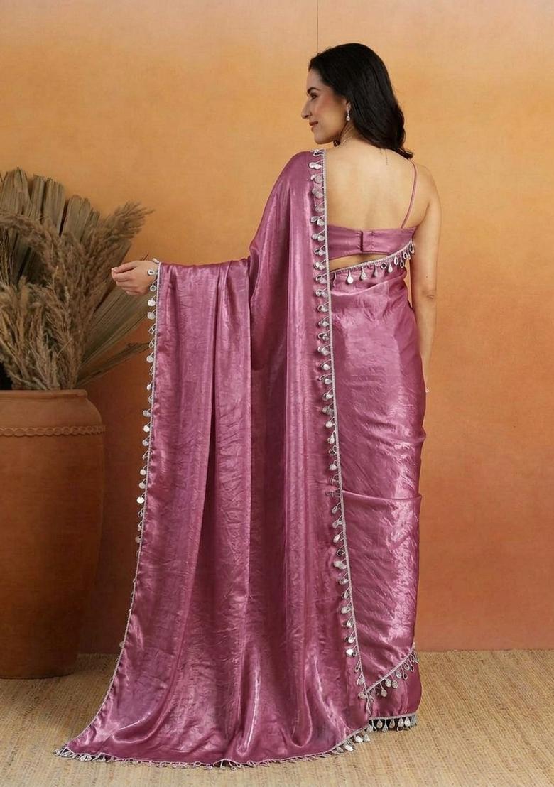 Purple Printed Organza Saree Set - Indya