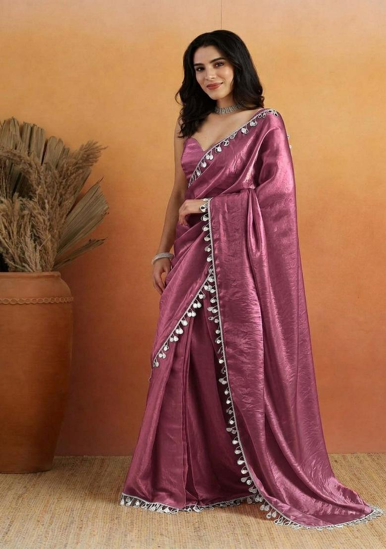 Purple Printed Organza Saree Set - Indya
