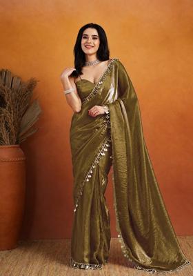 Green Printed Organza Saree Set