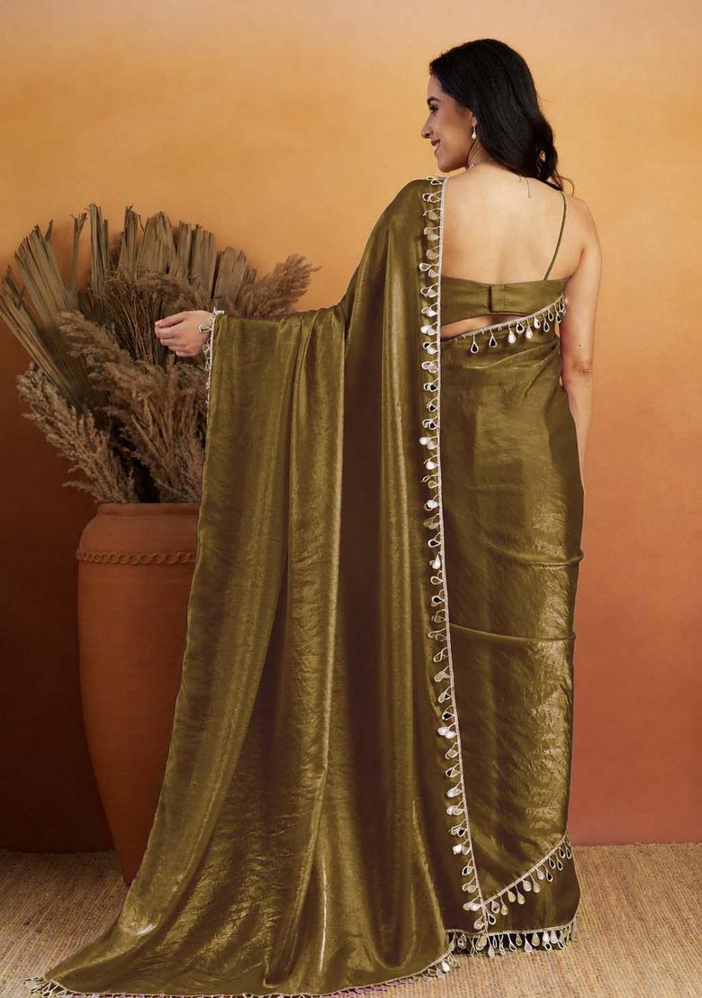 Green Printed Organza Saree Set - Indya