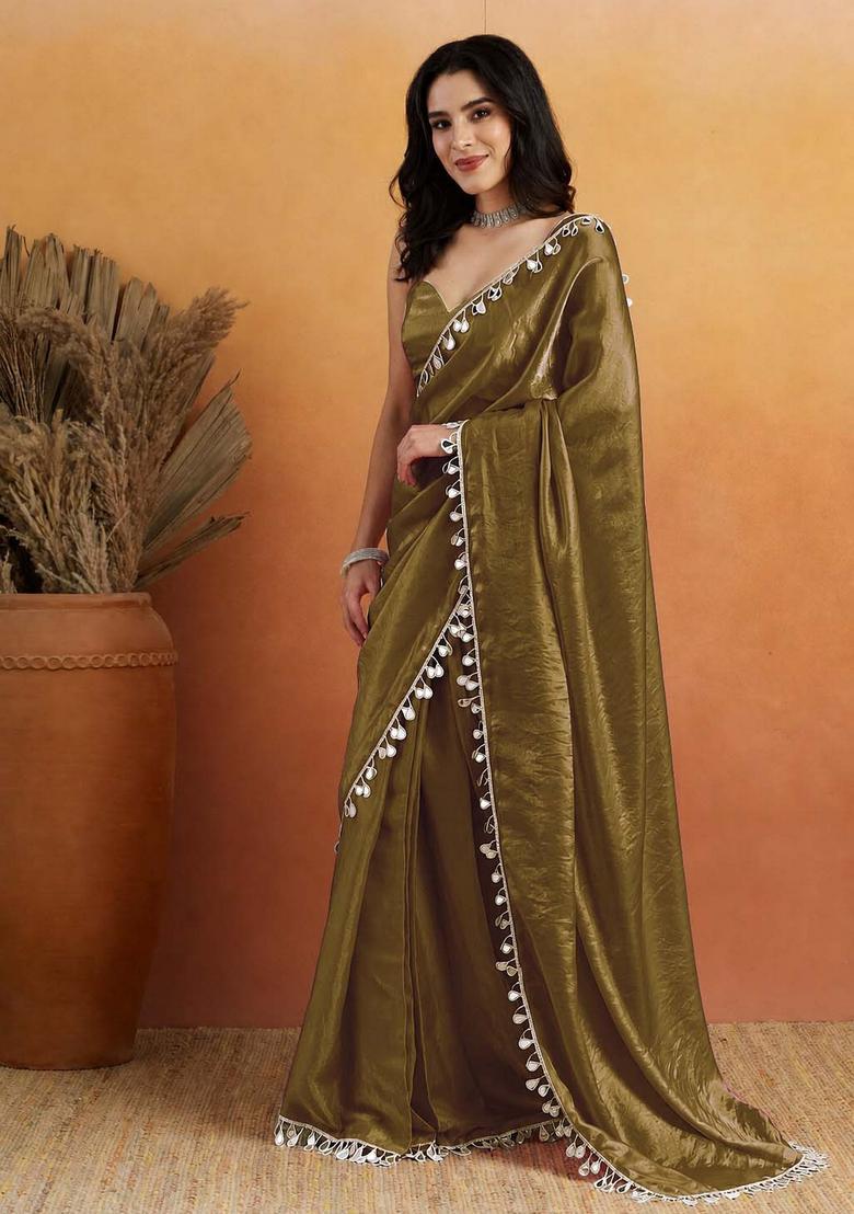 Green Printed Organza Saree Set - Indya