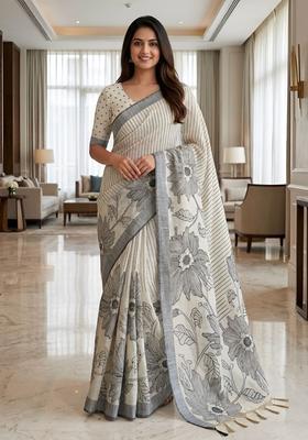 Black Printed Cotton Saree Set