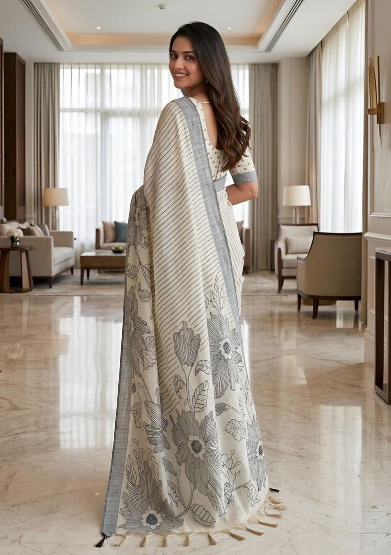 Black Printed Cotton Saree Set - Indya