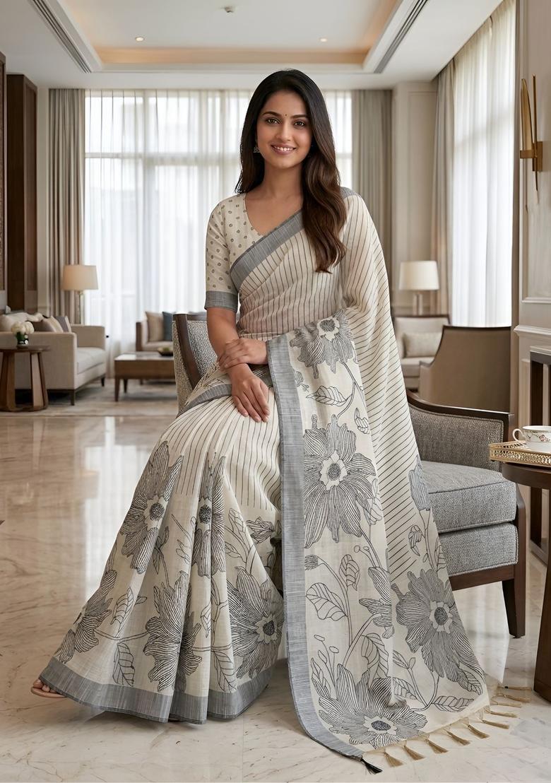 Black Printed Cotton Saree Set - Indya
