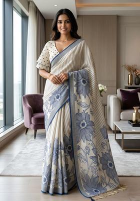 Blue Printed Cotton Saree Set