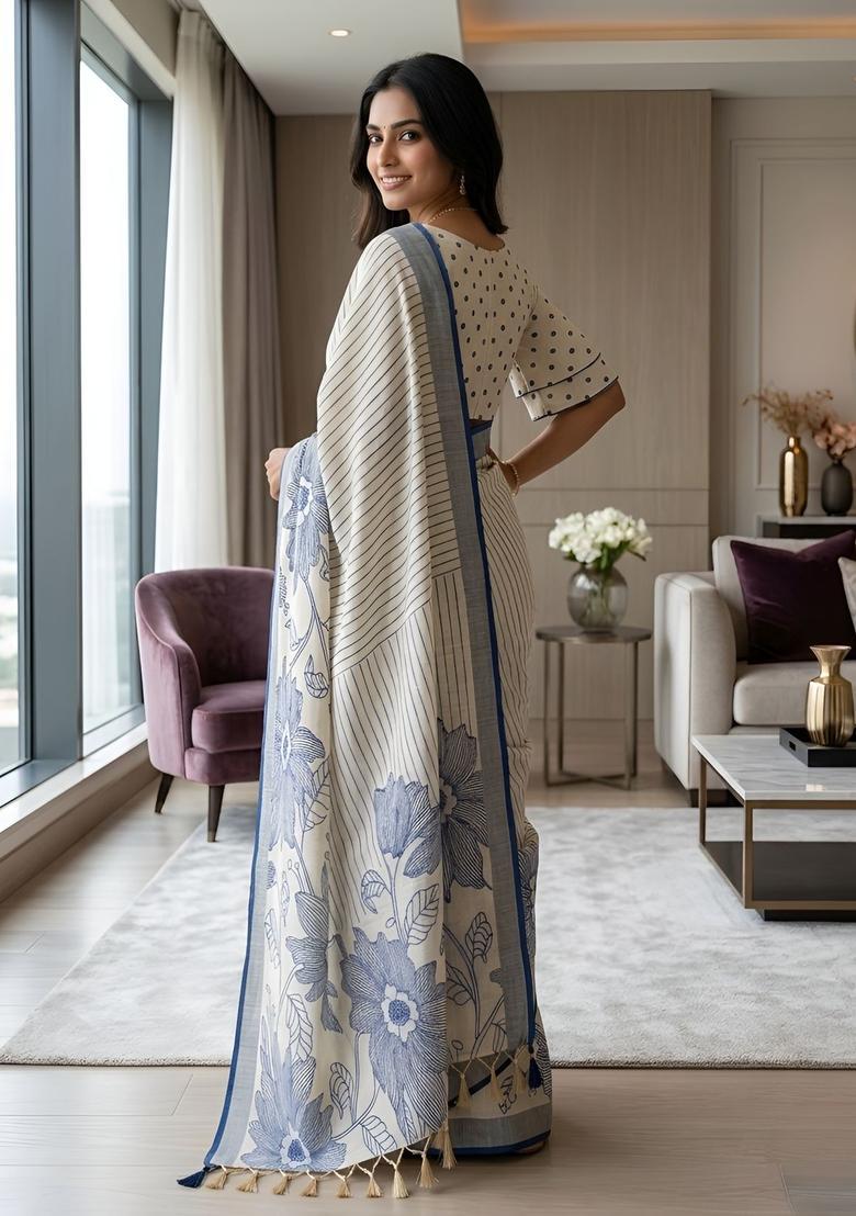 Blue Printed Cotton Saree Set - Indya