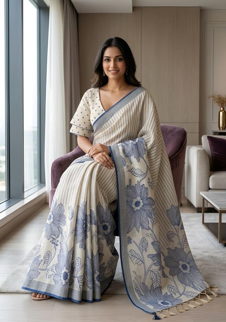 Blue Printed Cotton Saree Set - Indya