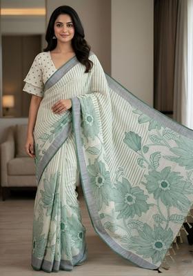 Green Printed Cotton Saree Set