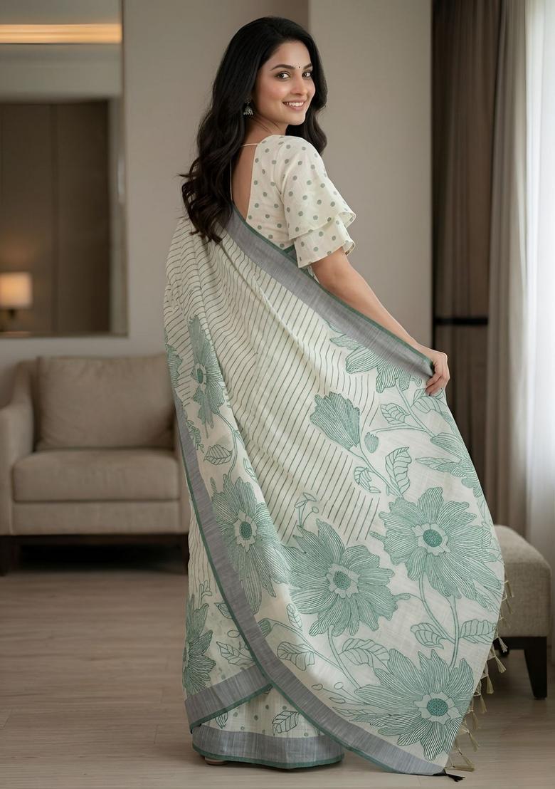Green Printed Cotton Saree Set - Indya