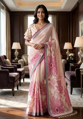 Pink Printed Cotton Saree Set