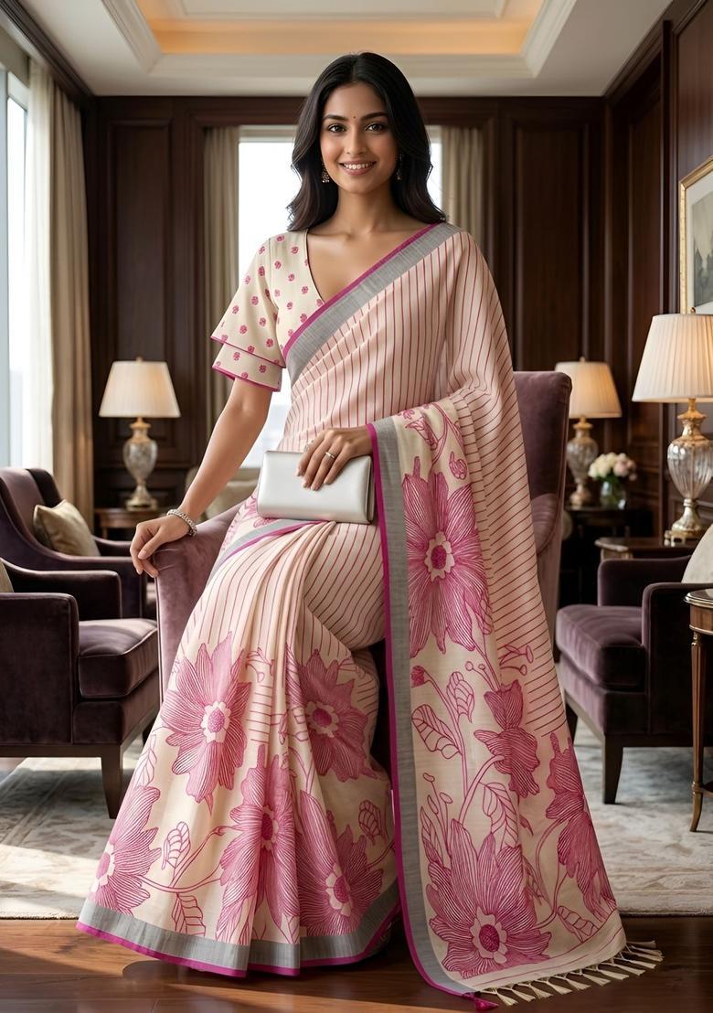 Pink Printed Cotton Saree Set - Indya