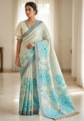 Green Printed Cotton Saree Set