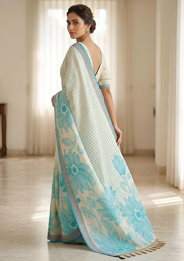Green Printed Cotton Saree Set - Indya