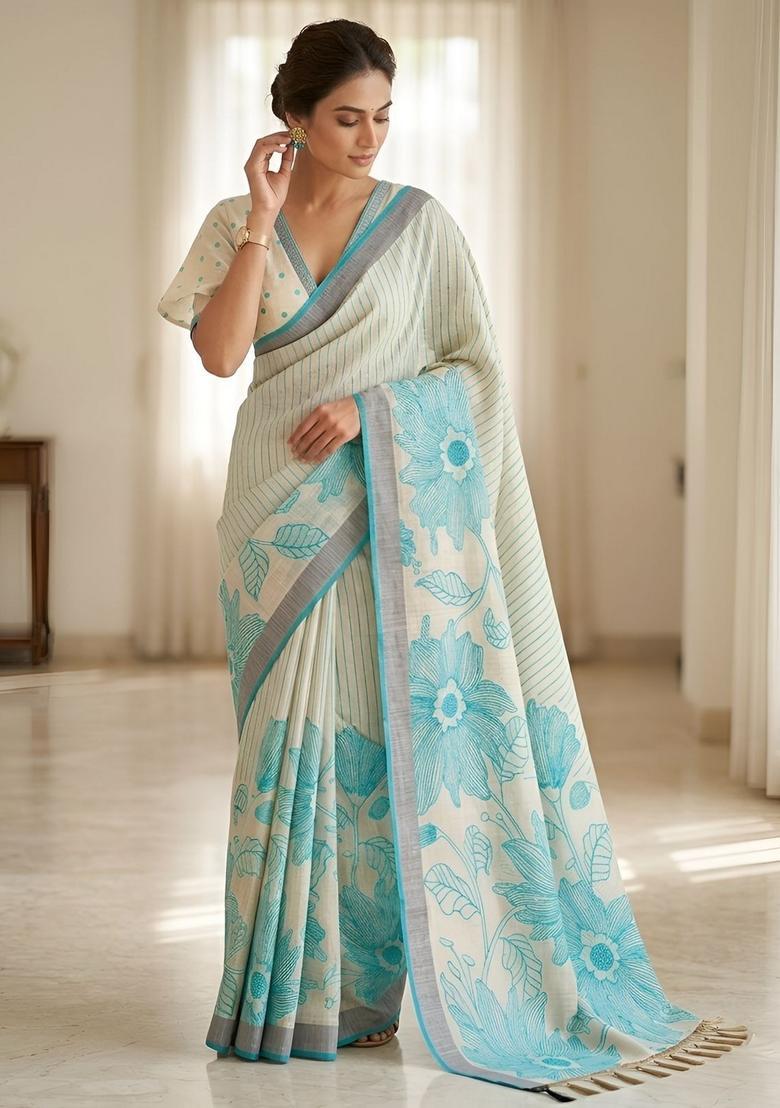 Green Printed Cotton Saree Set - Indya