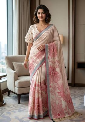 Maroon Printed Cotton Saree Set