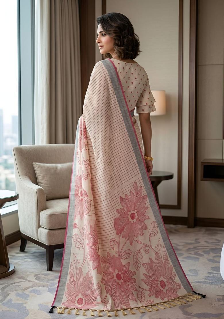 Maroon Printed Cotton Saree Set - Indya