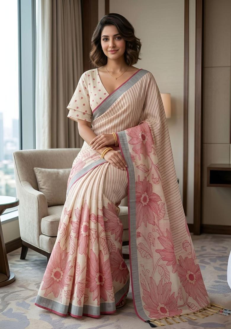 Maroon Printed Cotton Saree Set - Indya