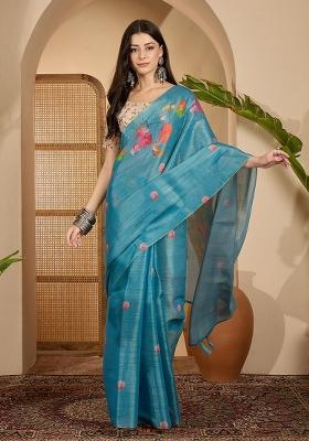 Teal Printed Silk Saree Set