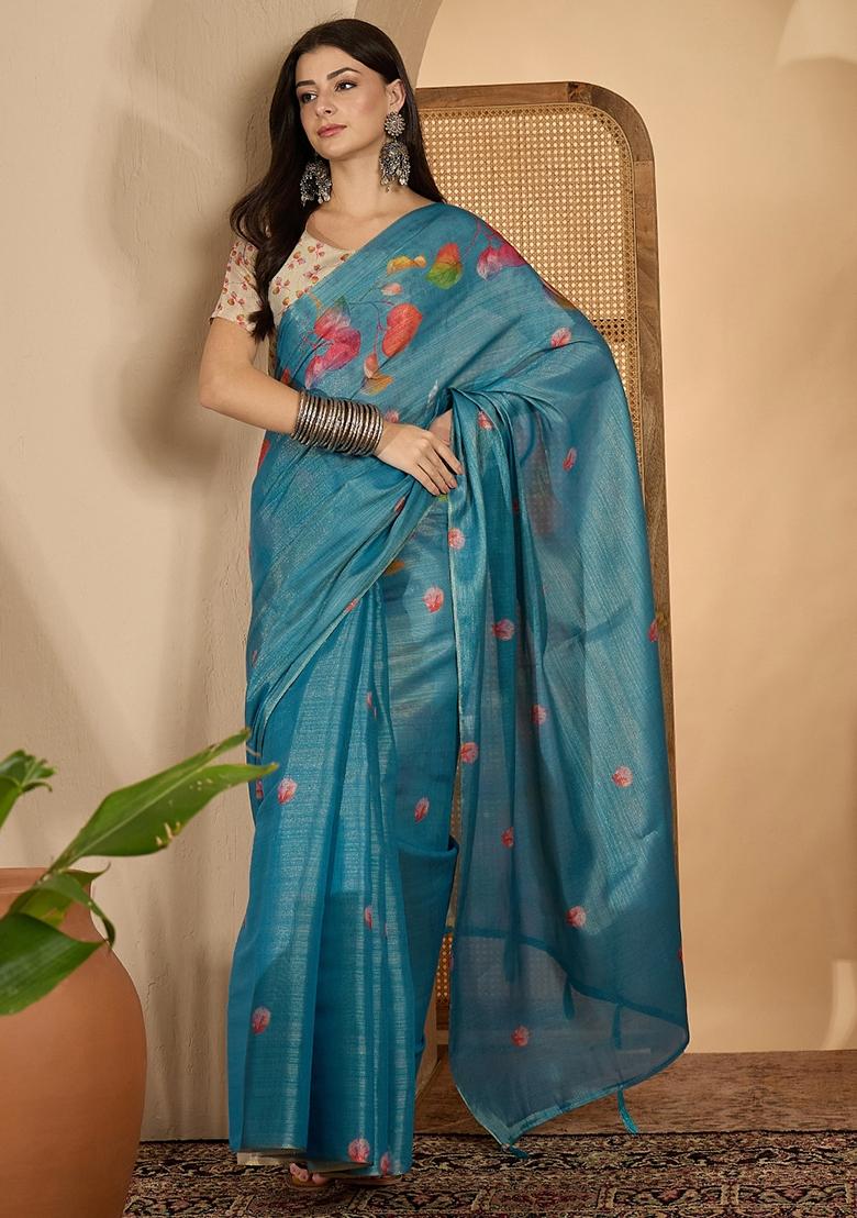Teal Printed Silk Saree Set - Indya