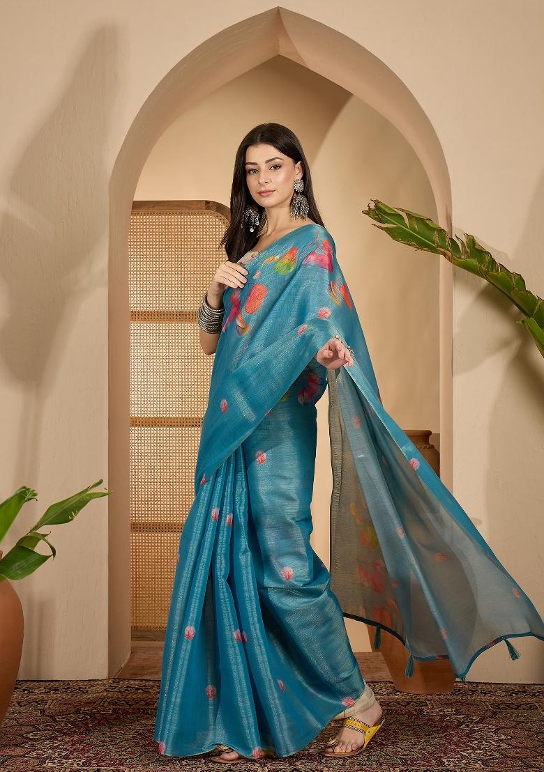 Teal Printed Silk Saree Set - Indya