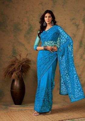 Blue Berry Embroidered Net Saree Set