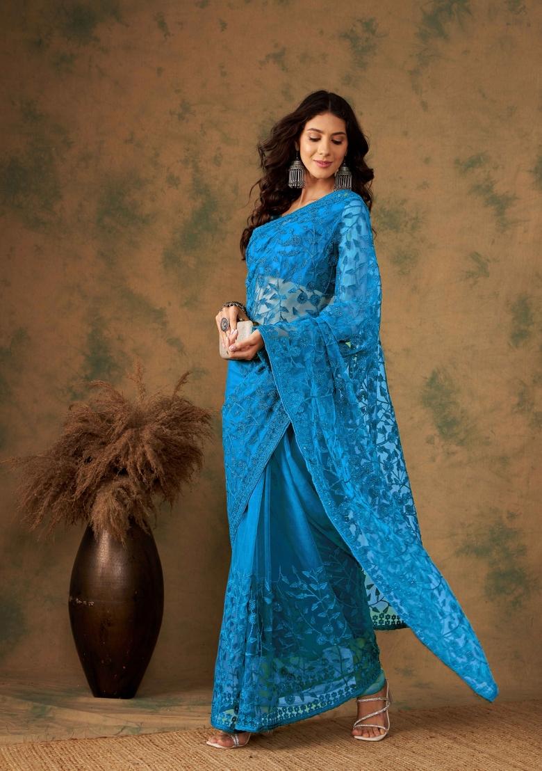 Blue Berry Embroidered Net Saree Set - Indya