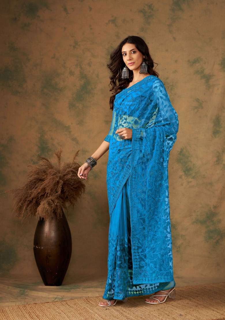 Blue Berry Net Saree Set with Embroidered for Diwali | Wedding & Festive Wear - Indya