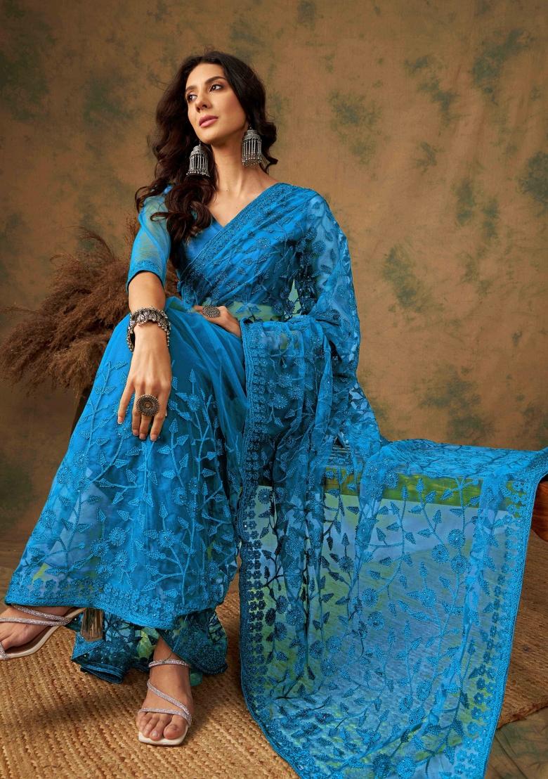 Blue Berry Embroidered Net Saree Set - Indya