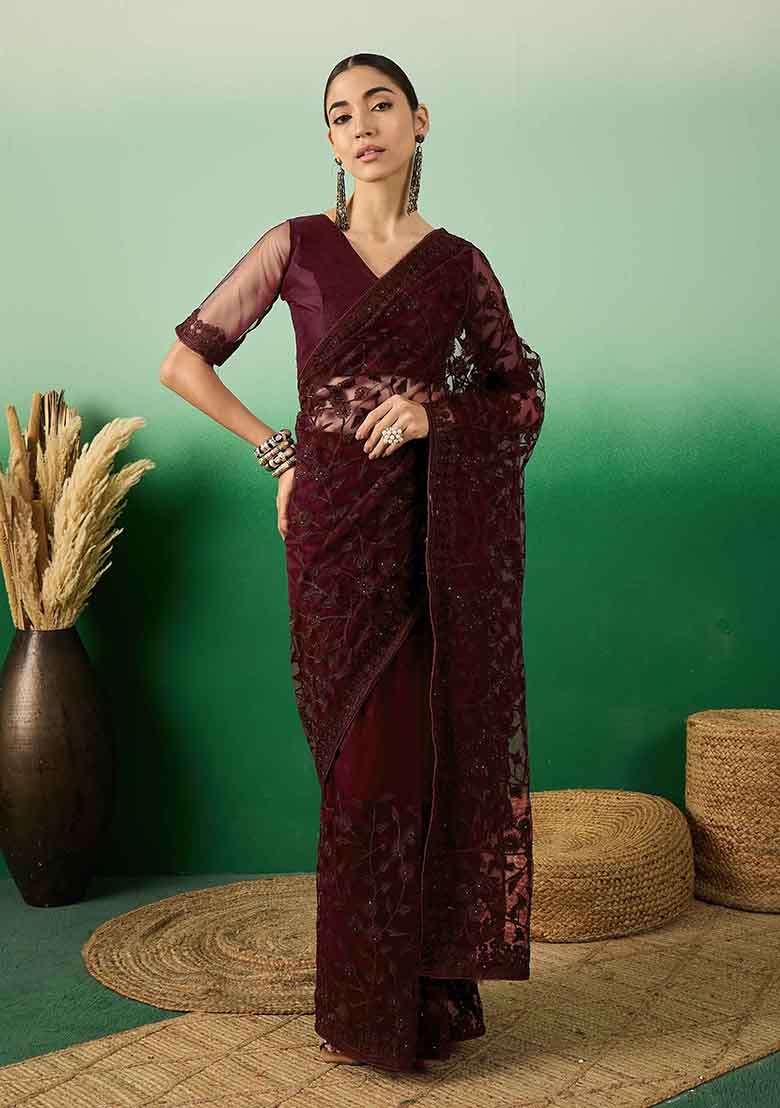 Burgundy Net Saree Set with Embroidered for Diwali | Wedding & Festive Wear - Indya