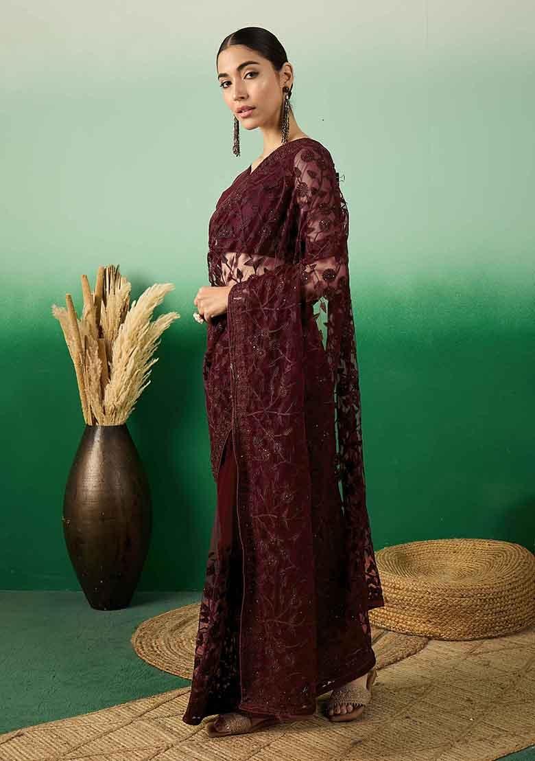 Burgundy Embroidered Net Saree Set - Indya