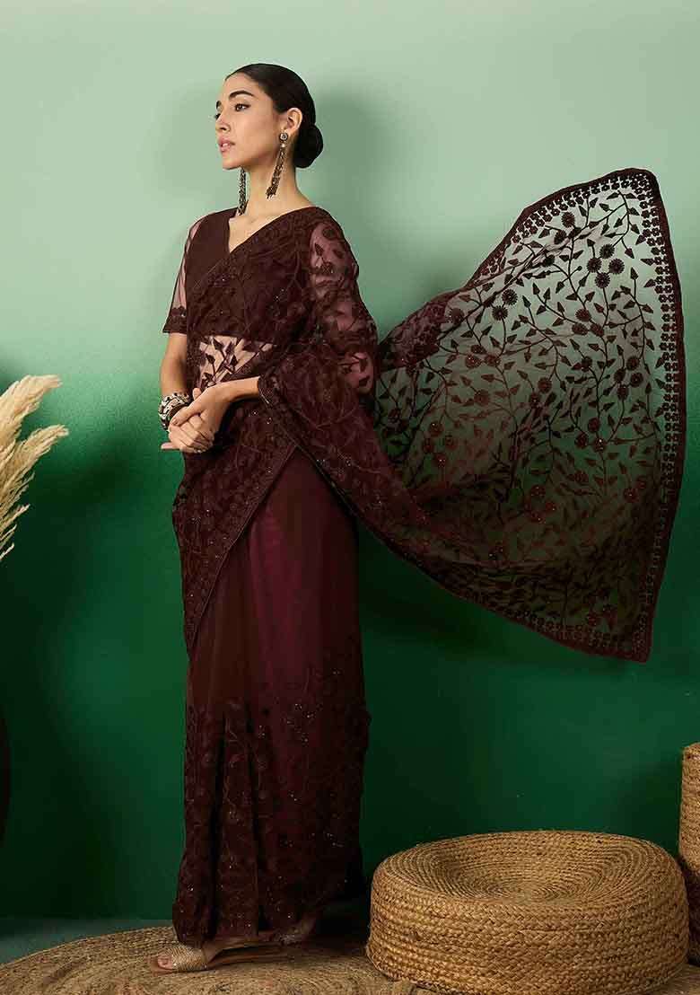 Burgundy Net Saree Set with Embroidered for Diwali | Wedding & Festive Wear - Indya