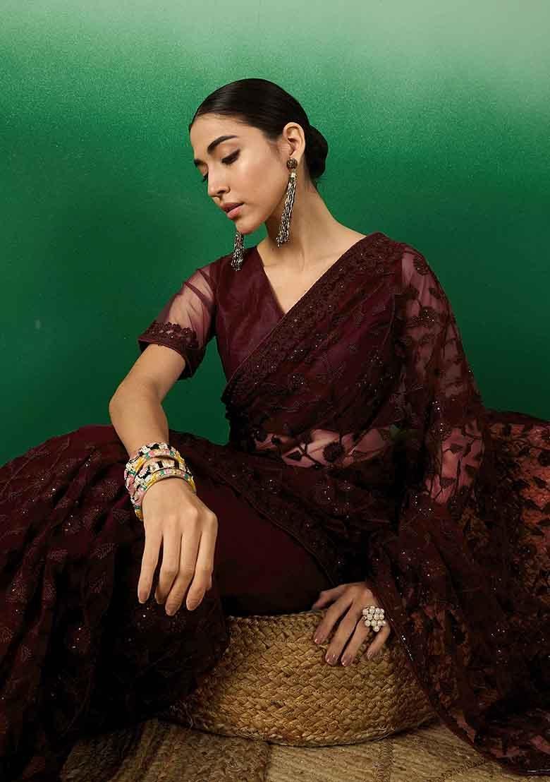 Burgundy Embroidered Net Saree Set - Indya