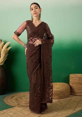 Coffee Brown Embroidered Net Saree Set
