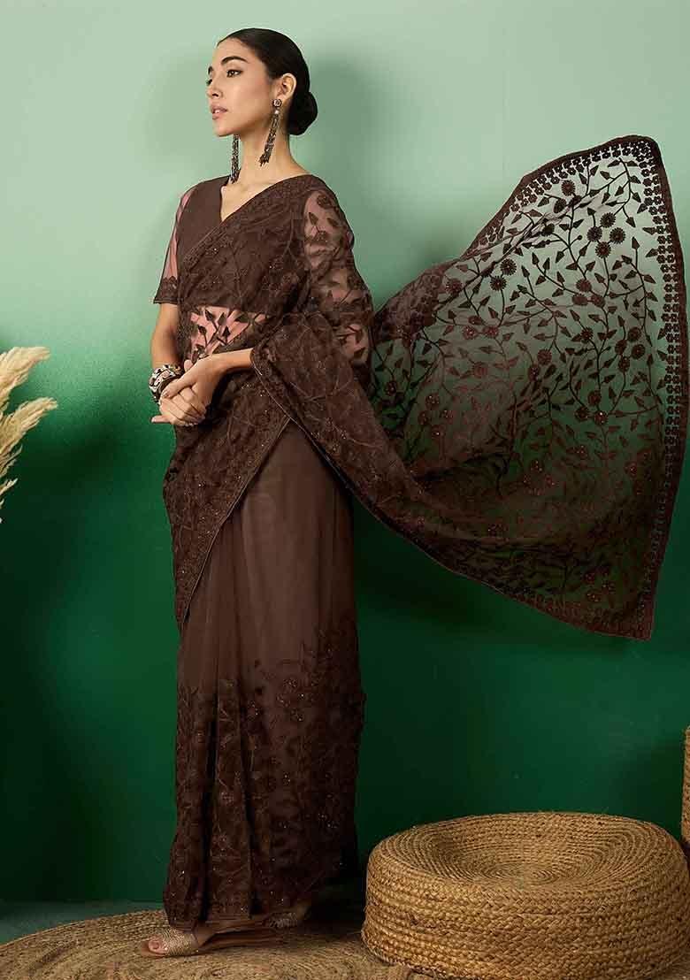 Coffee Brown Embroidered Net Saree Set - Indya
