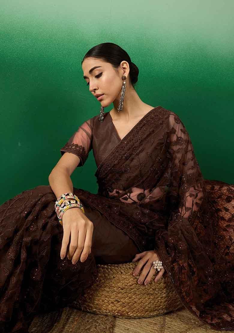 Coffee Brown Embroidered Net Saree Set - Indya