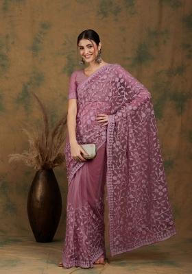 Dusty Pink Embroidered Net Saree Set