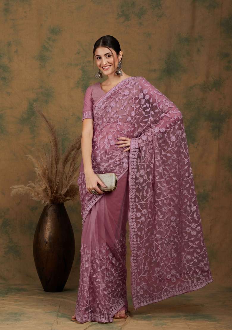 Dusty Pink Embroidered Net Saree Set for Diwali and Festive Wear - Indya