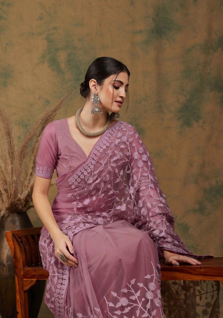 Dusty Pink Embroidered Net Saree Set - Indya