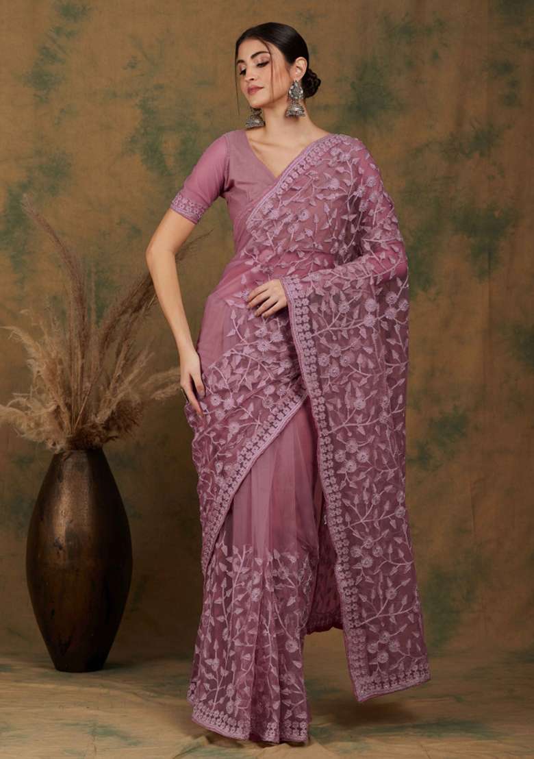Dusty Pink Embroidered Net Saree Set for Diwali and Festive Wear - Indya