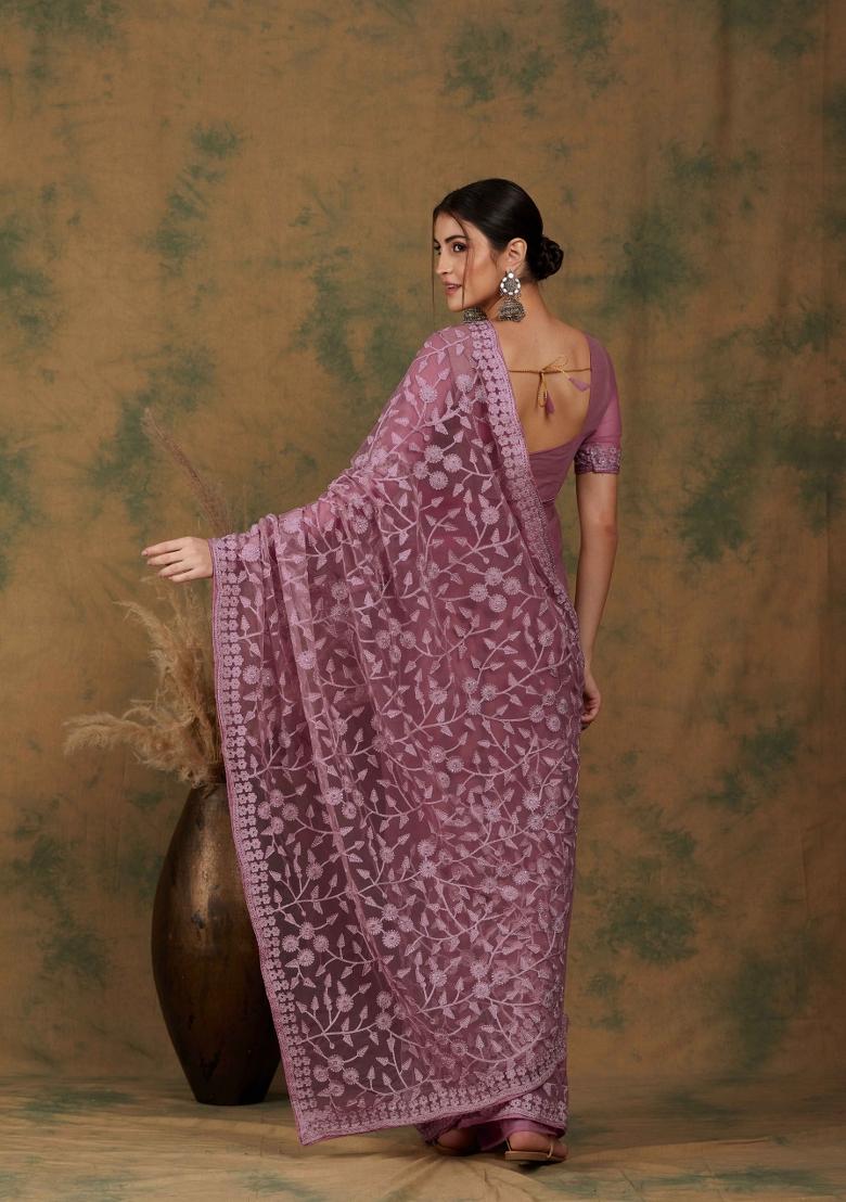 Dusty Pink Embroidered Net Saree Set - Indya