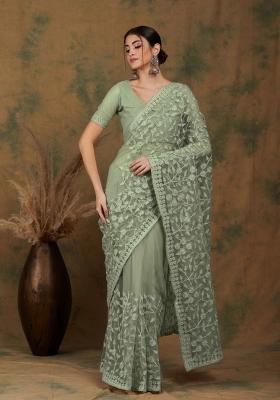 Light Olive Embroidered Net Saree Set