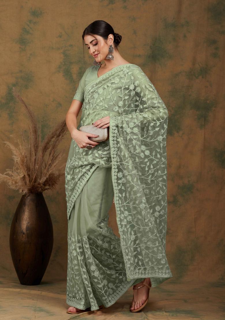 Light Olive Embroidered Net Saree Set - Indya