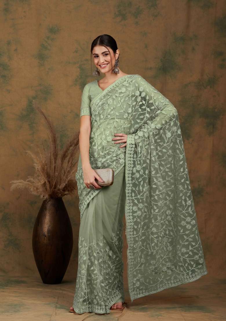 Light Olive Embroidered Net Saree Set for Diwali and Festive Wear - Indya