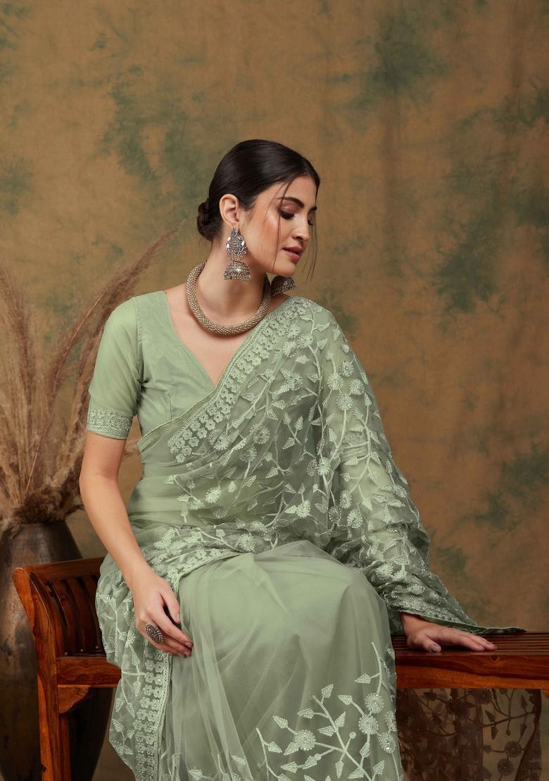 Light Olive Embroidered Net Saree Set - Indya