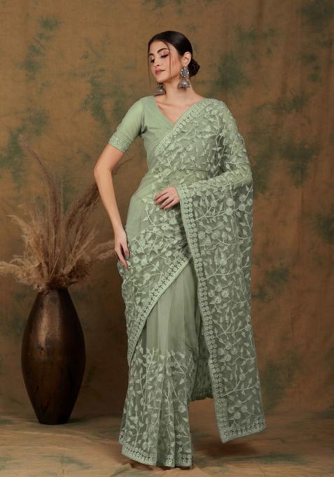 Light Olive Embroidered Net Saree Set for Diwali and Festive Wear