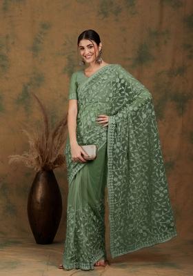 Olive Embroidered Net Saree Set