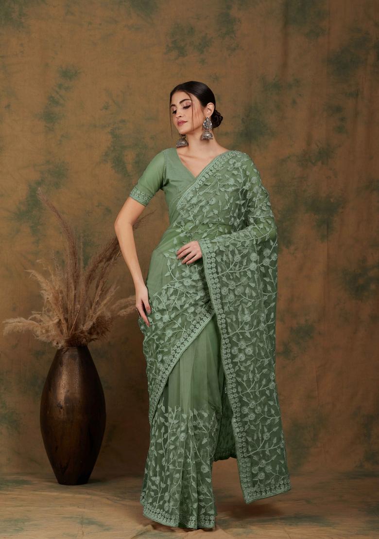 Olive Embroidered Net Saree Set - Indya