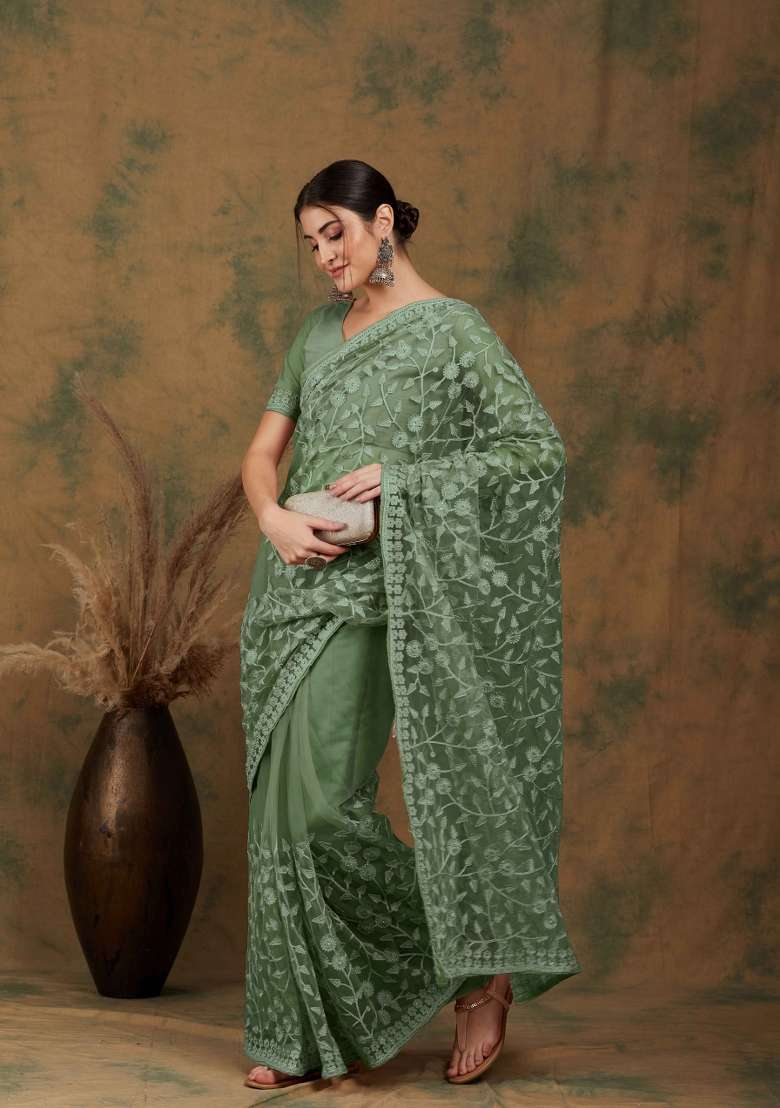 Olive Embroidered Net Saree Set for Diwali and Festive Wear - Indya