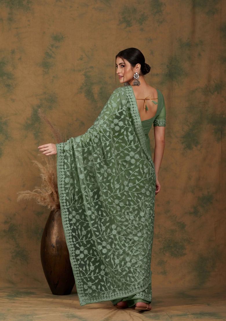 Olive Embroidered Net Saree Set - Indya